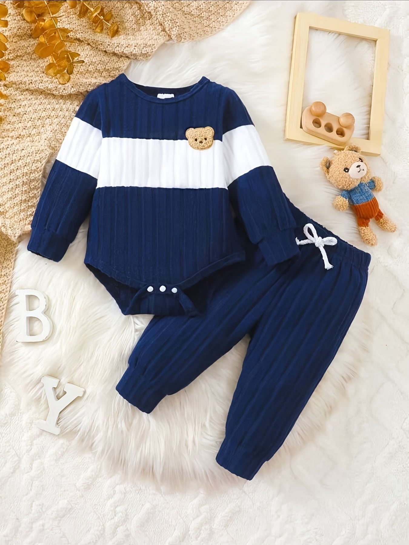 Conjunto 2 Peças Bebê Menino Body Manga Longa e Calça Canelada Urso
