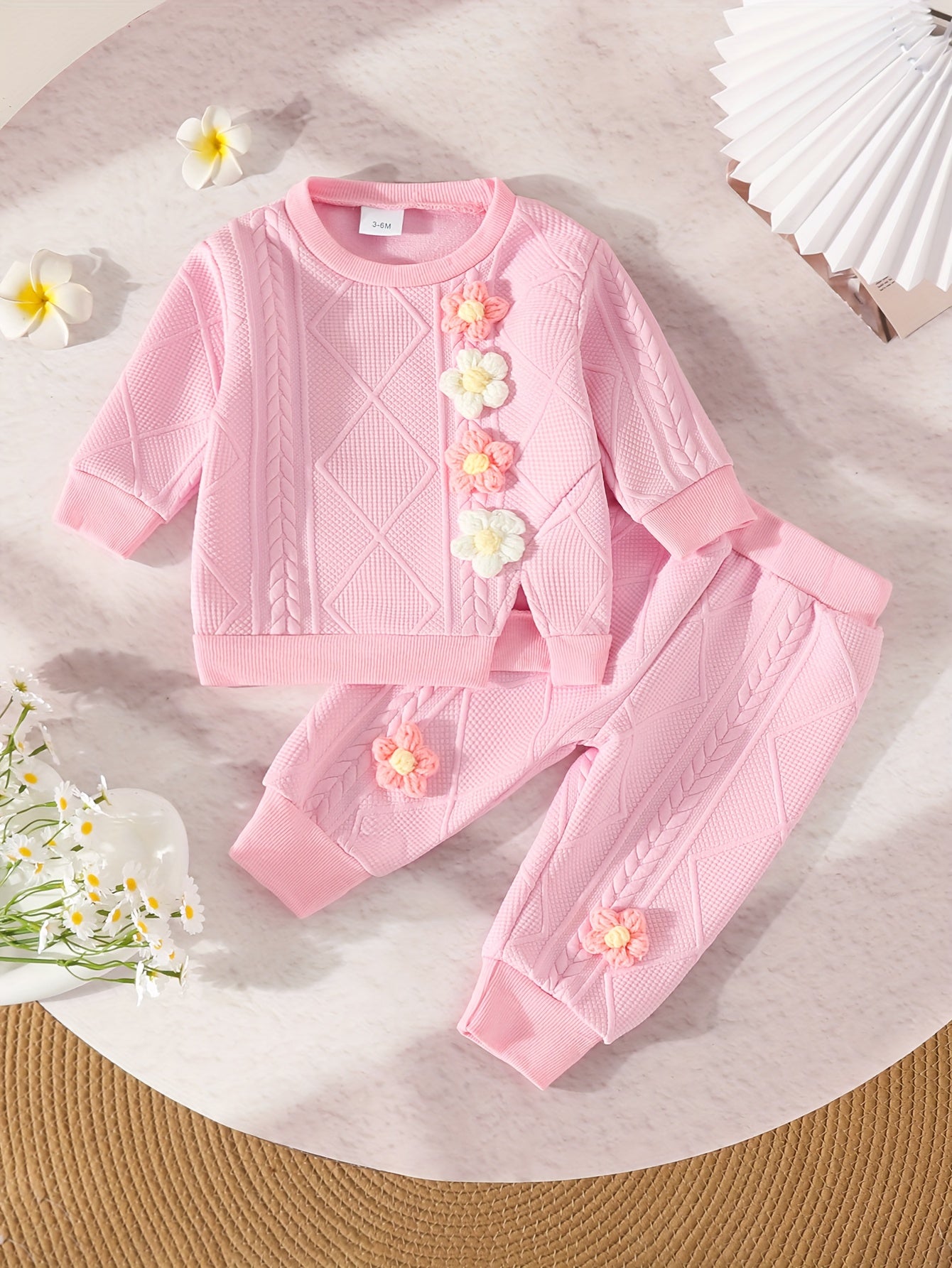 Conjunto Bebê Menina Moletom Texturizado Flores Tridimensionais Blusa e Calça