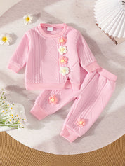Conjunto Bebê Menina Moletom Texturizado Flores Tridimensionais Blusa e Calça