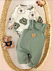 Conjunto 2 Peças Bebê Menino Body Manga Longa e Jardineira Canelada Urso