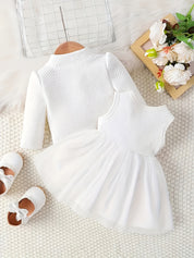Conjunto 2 Peças Bebê Menina Vestido Tule Bordado Flores com Casaco Canelado