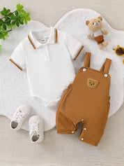 Conjunto 2 Peças Bebê Menino Body Polo e Macacão Suspensório Urso