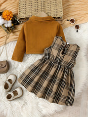 Conjunto 2 Peças Bebê Menina Vestido Xadrez e Casaco Curto Fleece