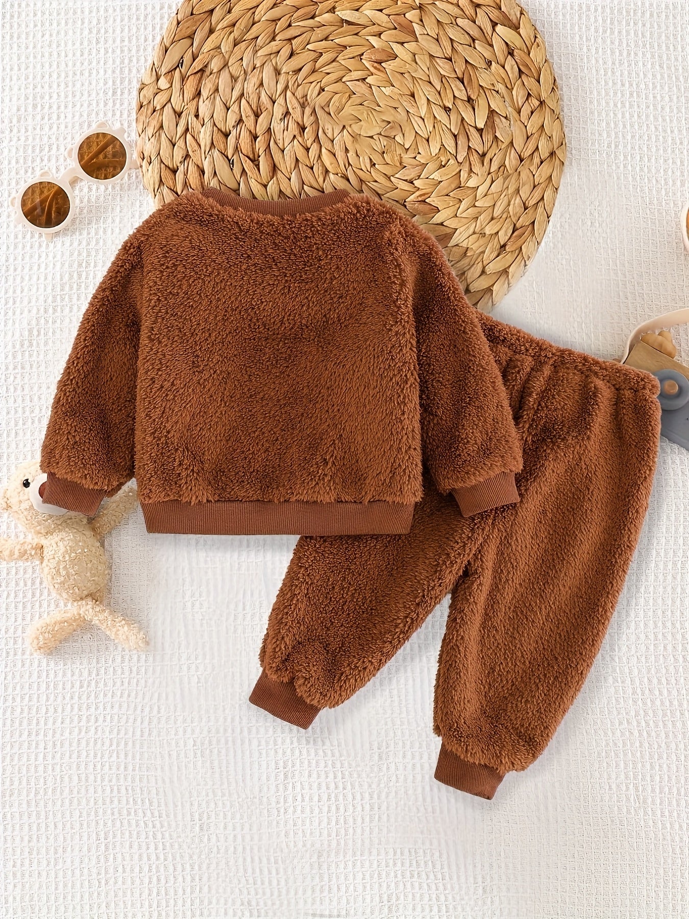 Conjunto 2 Peças Bebê Menino Moletom Pelúcia Urso e Calça Cintura Elástica