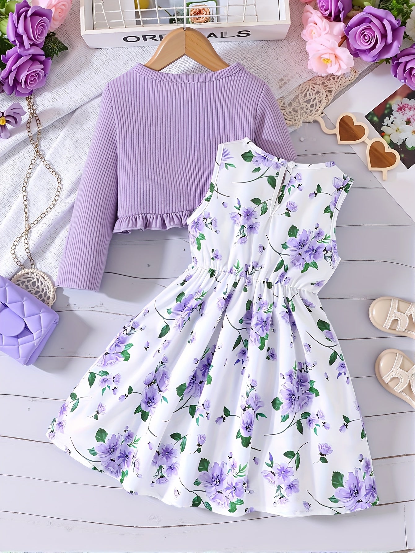 Conjunto Infantil Feminino 2 Peças Vestido Floral e Cardigã Canelado com Laço