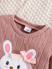 Conjunto Bebê Menina 2 Peças Moletom Texturizado Bordado Coelho com Laço e Calça