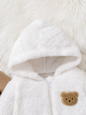Conjunto Bebê 3 Peças Jaqueta de Pelúcia com Capuz Urso Body e Calça Canelada