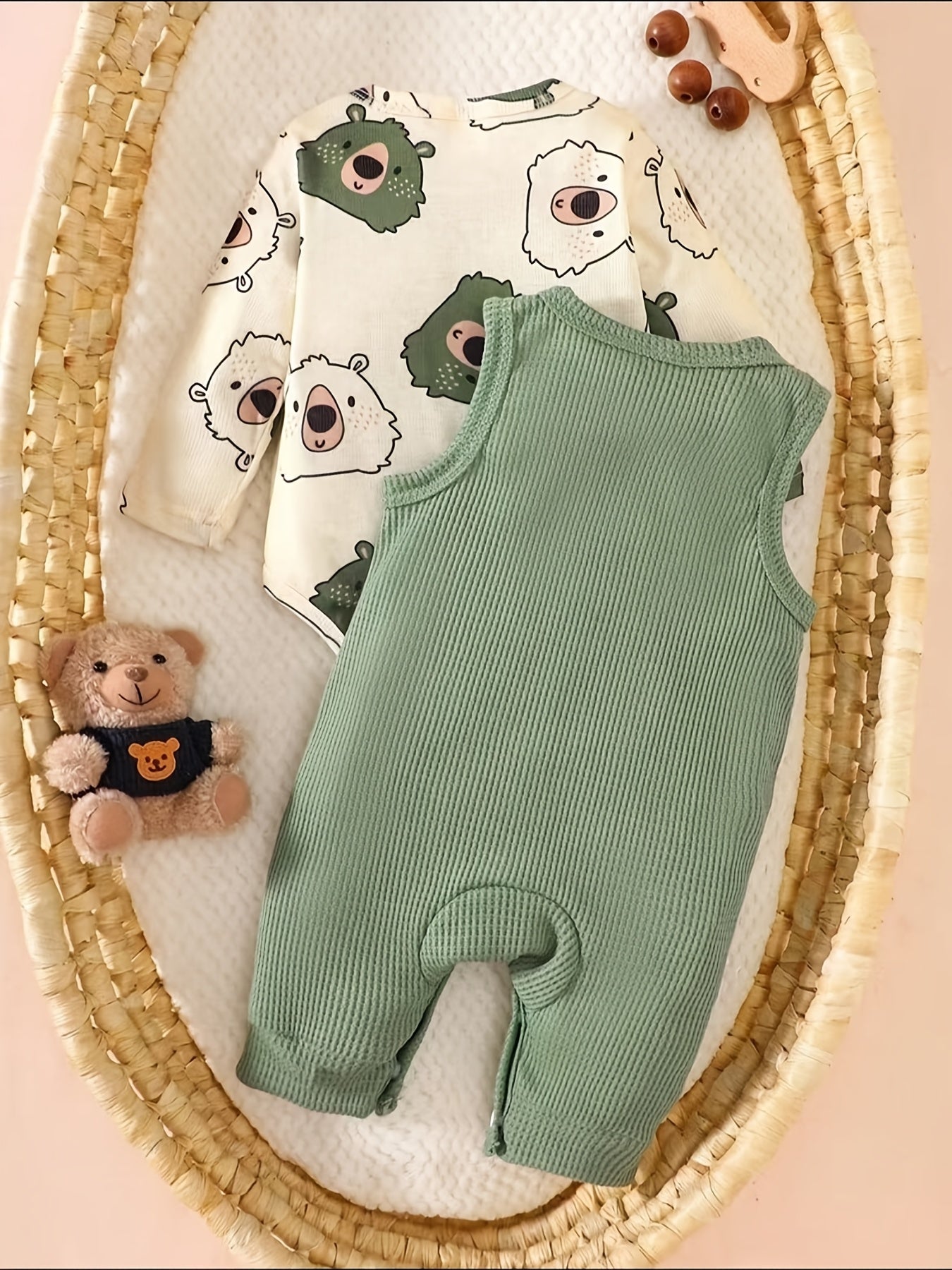 Conjunto 2 Peças Bebê Menino Body Manga Longa e Jardineira Canelada Urso