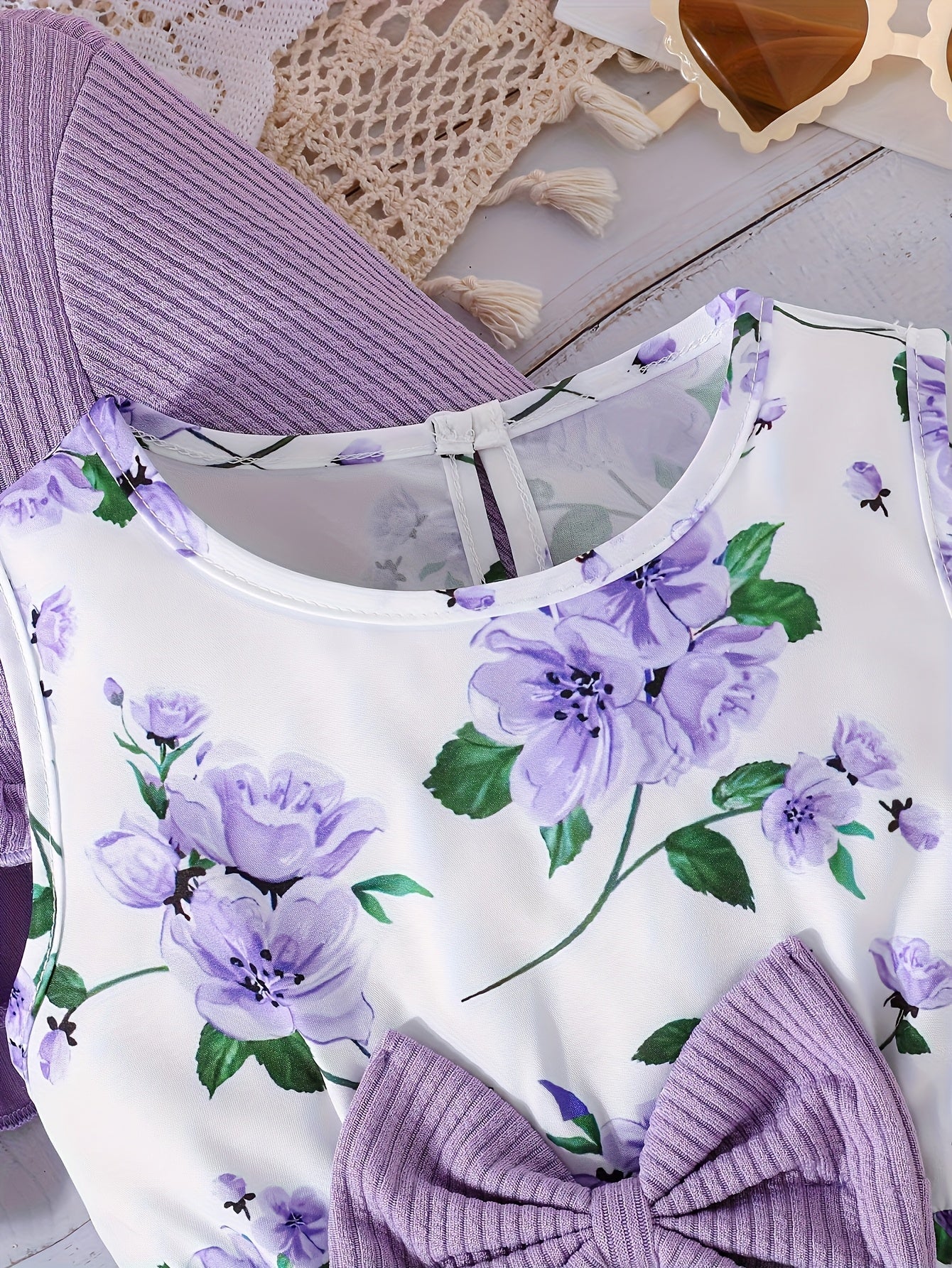 Conjunto Infantil Feminino 2 Peças Vestido Floral e Cardigã Canelado com Laço