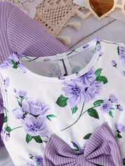 Conjunto Infantil Feminino 2 Peças Vestido Floral e Cardigã Canelado com Laço