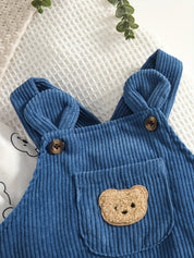 Conjunto Bebê Body Manga Longa com Jardineira Cotelê e Gorro Ursinho