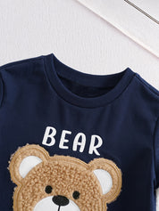 Conjunto 2 Peças Bebê Menino Camiseta Manga Curta Urso e Shorts Listrado