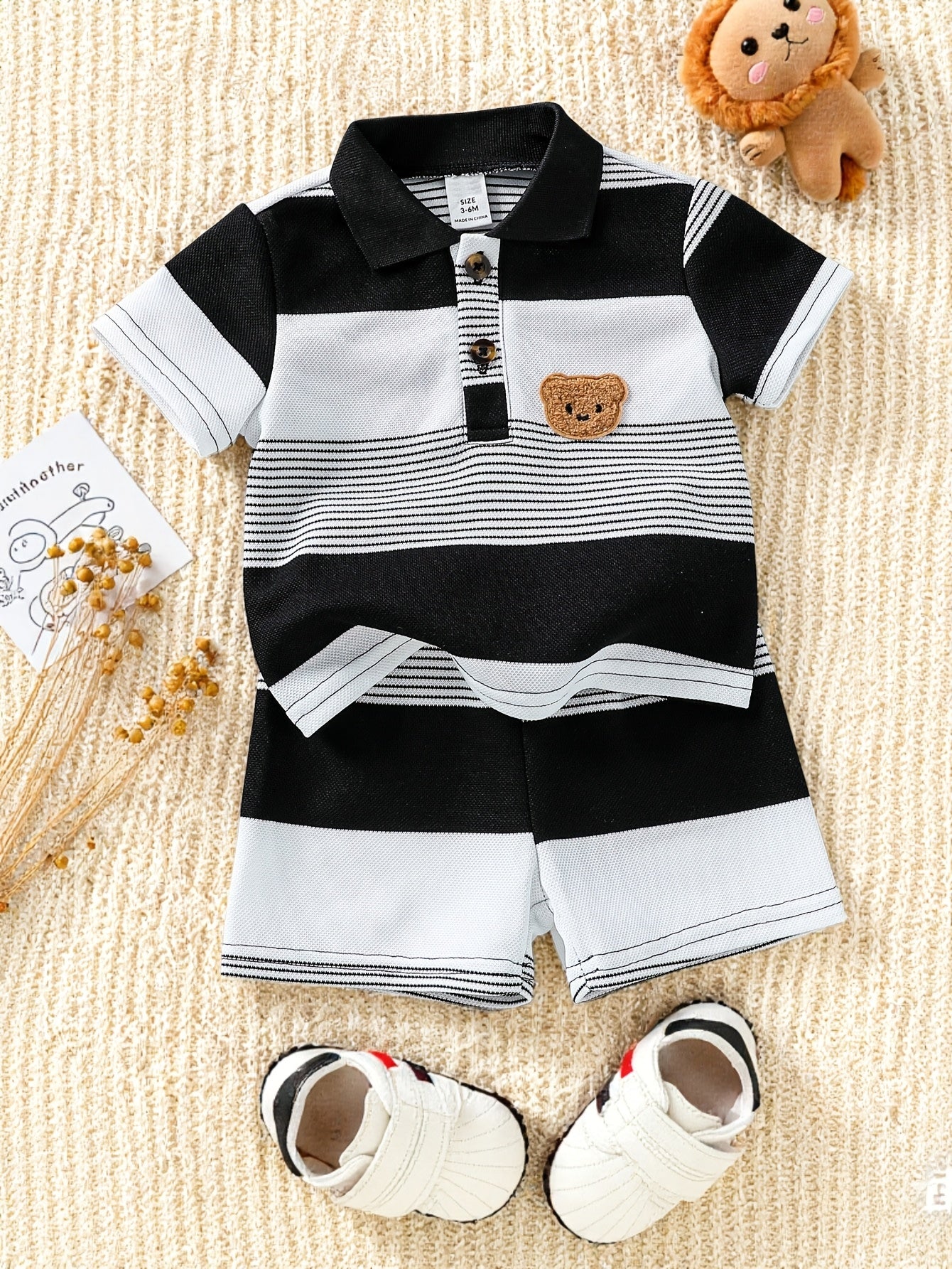 Conjunto 2 Peças Bebê Menino Polo Listrada Urso com Shorts