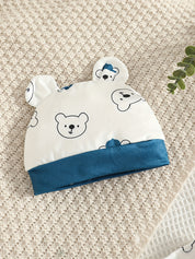 Conjunto Bebê Body Manga Longa com Jardineira Cotelê e Gorro Ursinho