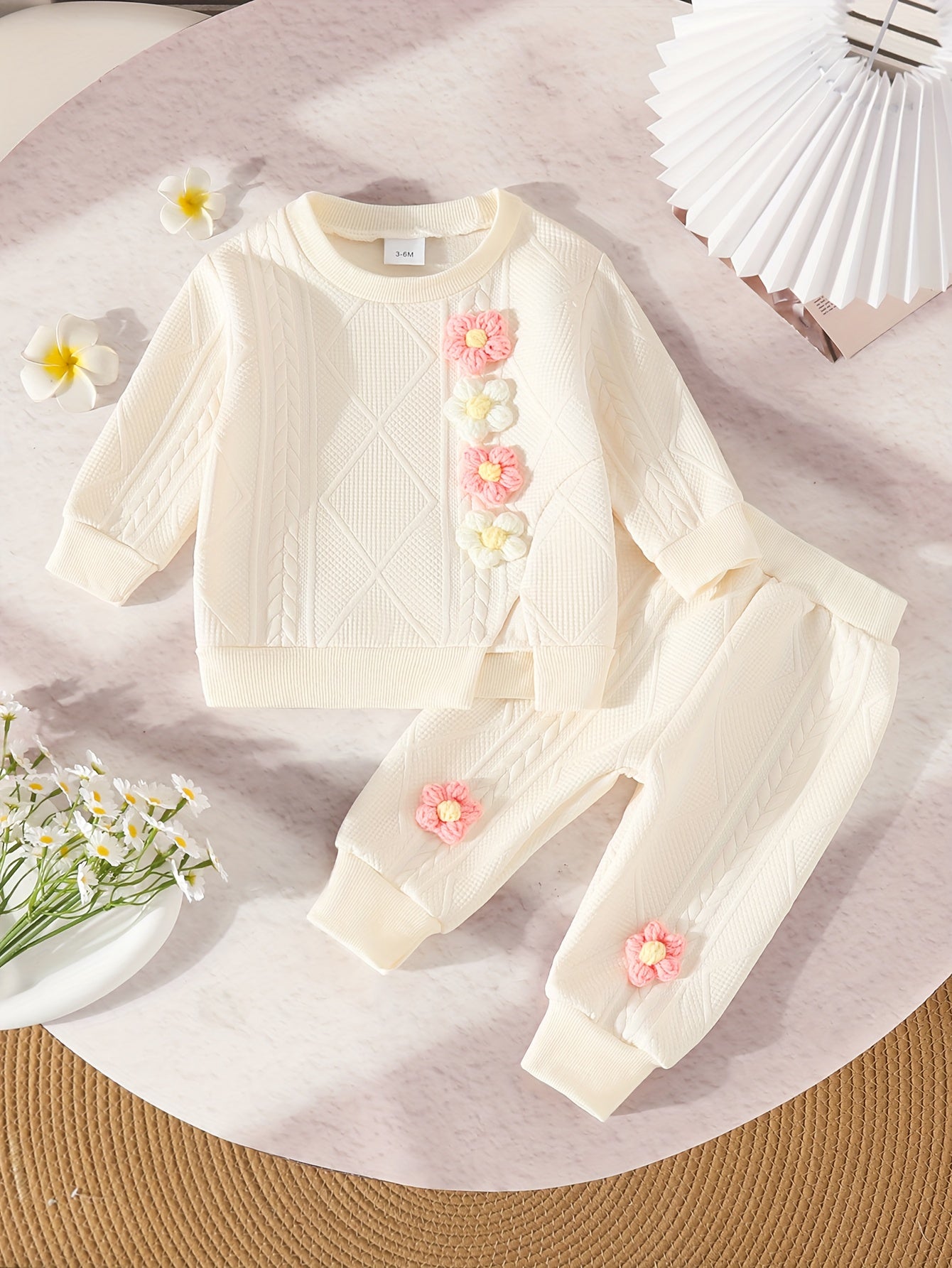 Conjunto Bebê Menina Moletom Texturizado Flores Tridimensionais Blusa e Calça