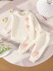 Conjunto Bebê Menina Moletom Texturizado Flores Tridimensionais Blusa e Calça