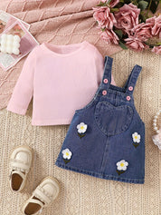 Conjunto Bebê Menina 2 Peças Jardineira Jeans Bordada Floral e Blusa Canelada Manga Longa