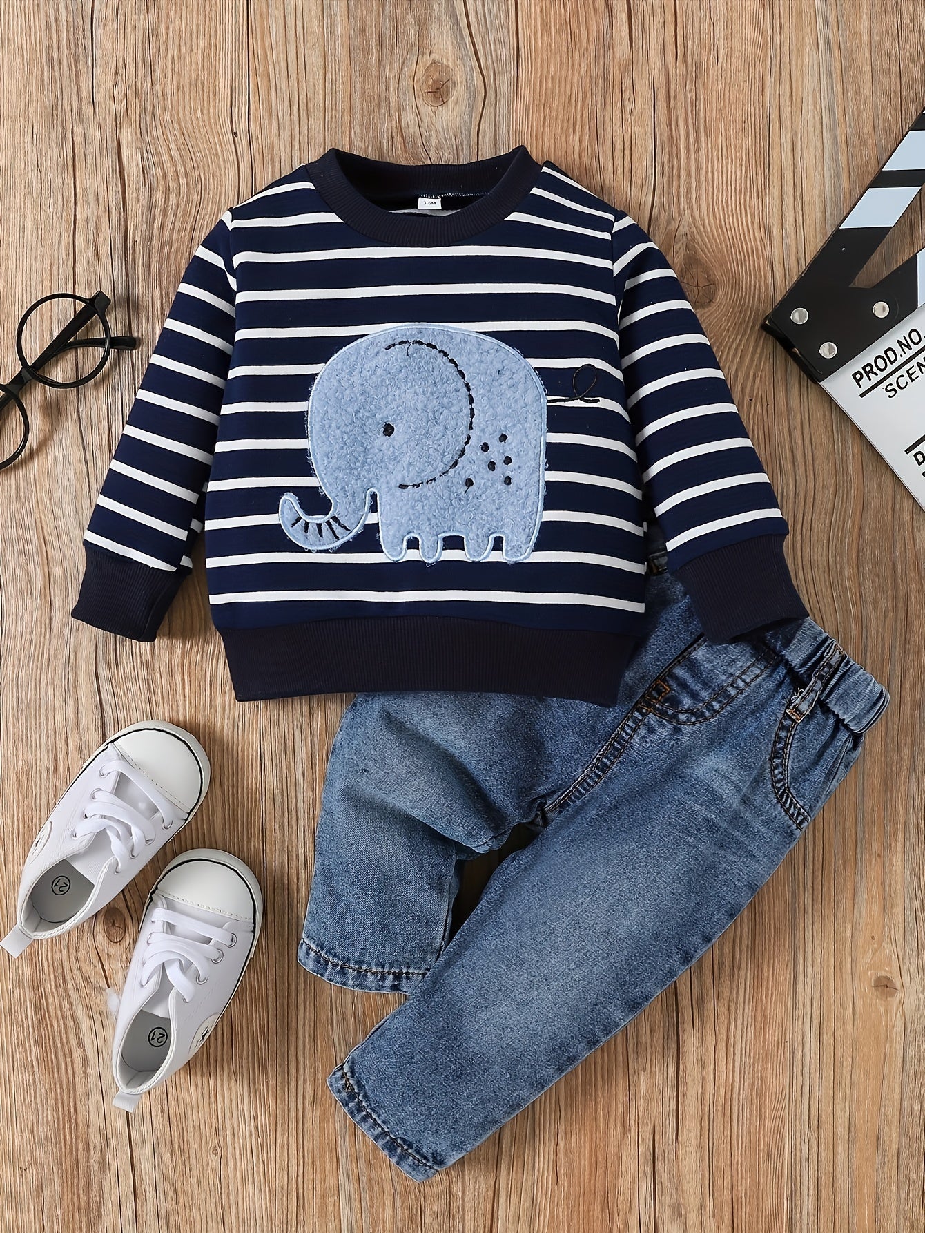 Conjunto 2 Peças Bebê Menino Moletom Listrado Elefante e Calça Jeans