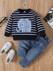 Conjunto 2 Peças Bebê Menino Moletom Listrado Elefante e Calça Jeans