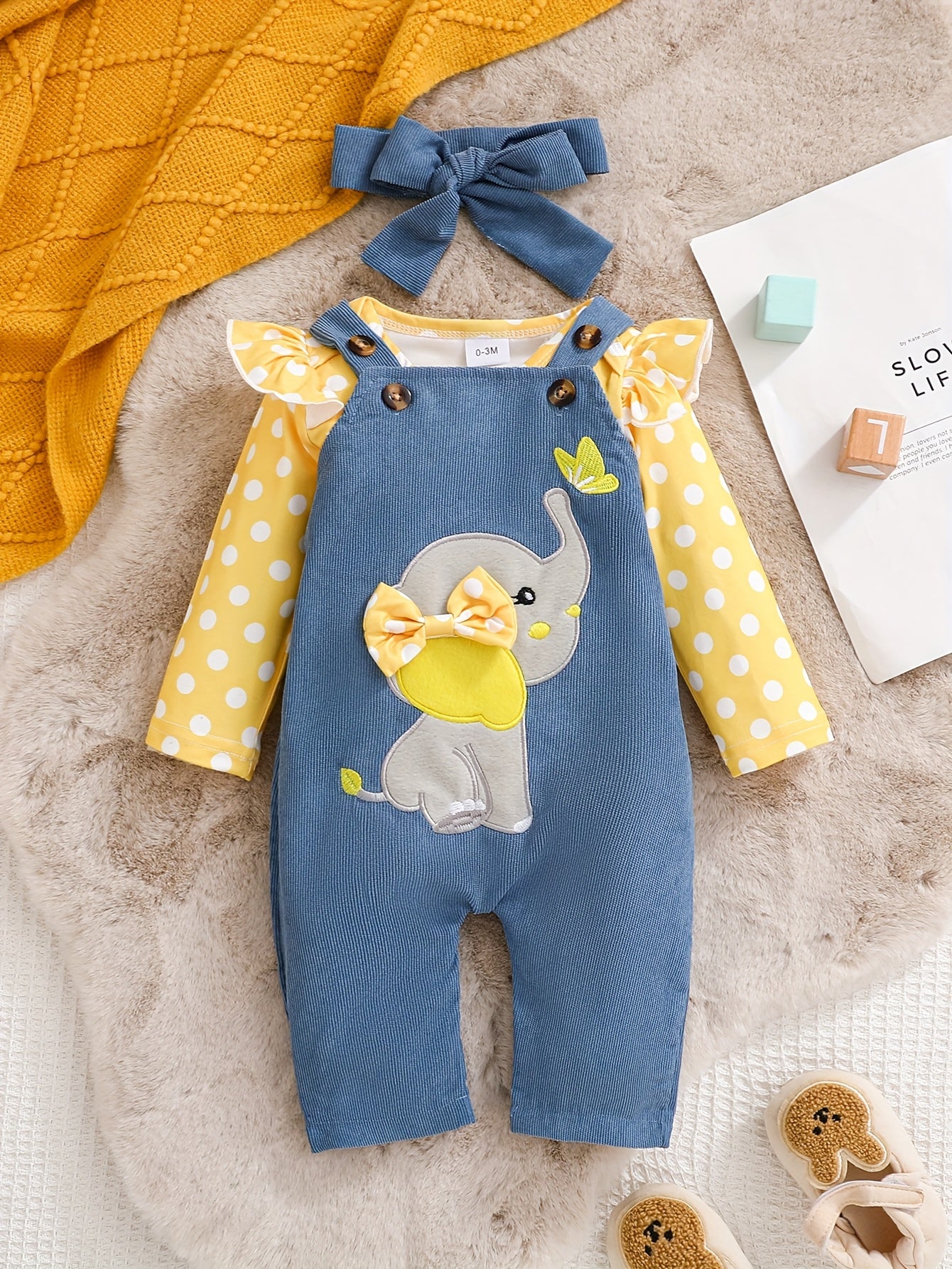 Conjunto 3 Peças Bebê Menina Body Manga Longa Bolinhas Jardineira Elefante com Faixa de Cabelo