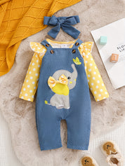 Conjunto 3 Peças Bebê Menina Body Manga Longa Bolinhas Jardineira Elefante com Faixa de Cabelo