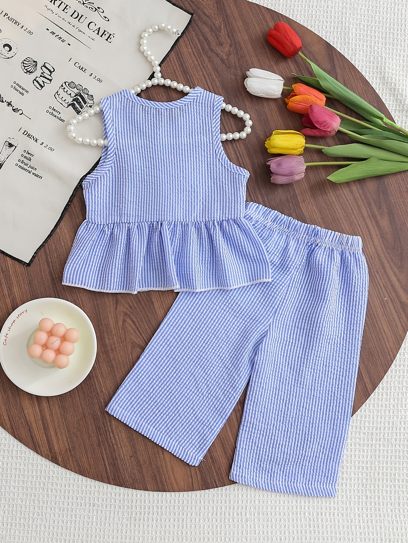 Conjunto Infantil Menina 2 Peças Blusa sem Manga com Laço e Calça Reta Listrada Seersucker