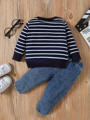 Conjunto 2 Peças Bebê Menino Moletom Listrado Elefante e Calça Jeans