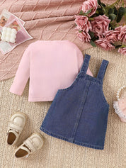 Conjunto Bebê Menina 2 Peças Jardineira Jeans Bordada Floral e Blusa Canelada Manga Longa