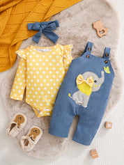 Conjunto 3 Peças Bebê Menina Body Manga Longa Bolinhas Jardineira Elefante com Faixa de Cabelo