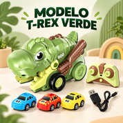 Variante T-Rex verde com controle, carrinhos coloridos e cabo USB