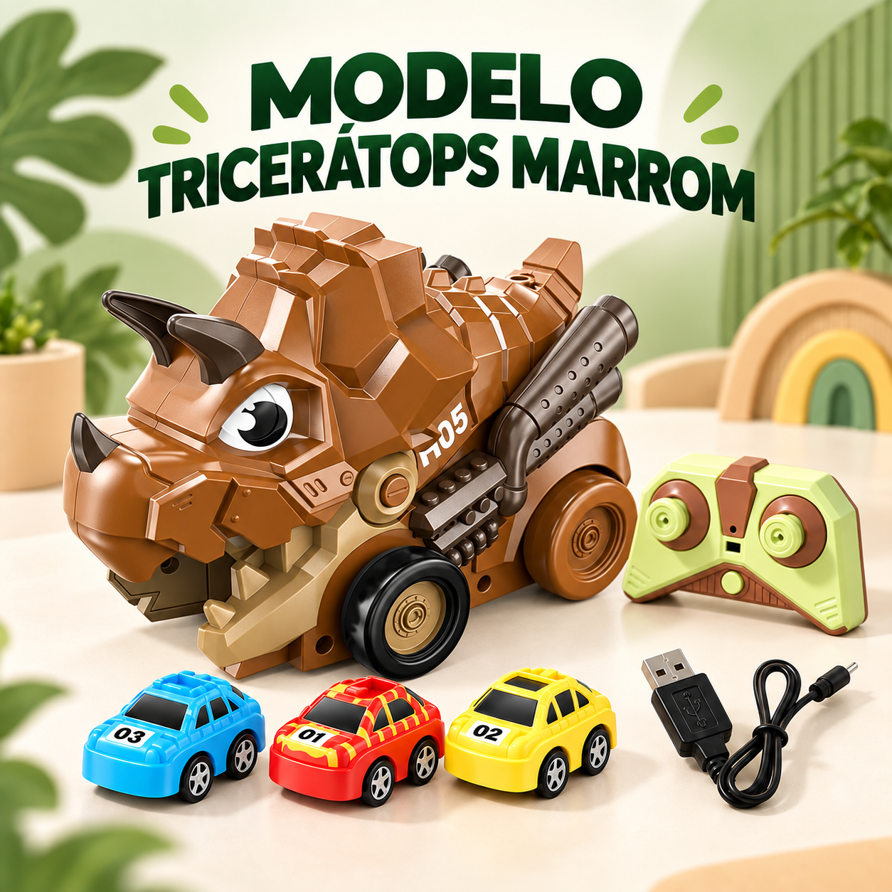Variante Tricerátops marrom com controle, carrinhos coloridos e cabo USB