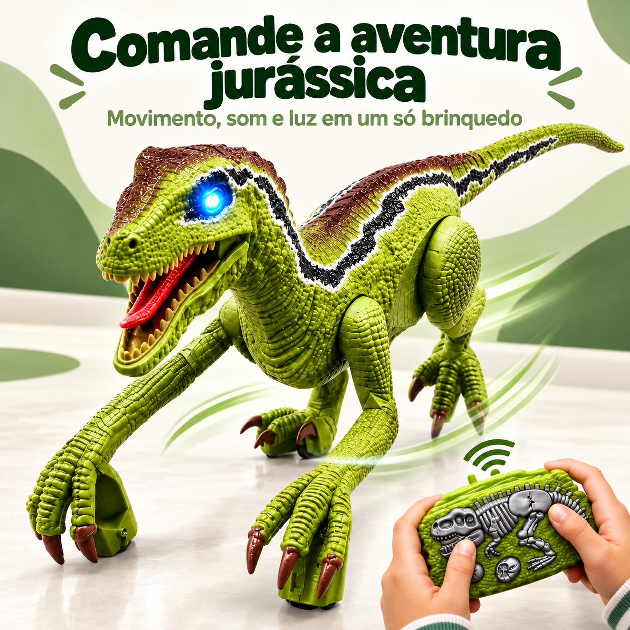 Dinossauro velociraptor verde com controle remoto, movimento, som e luz LED