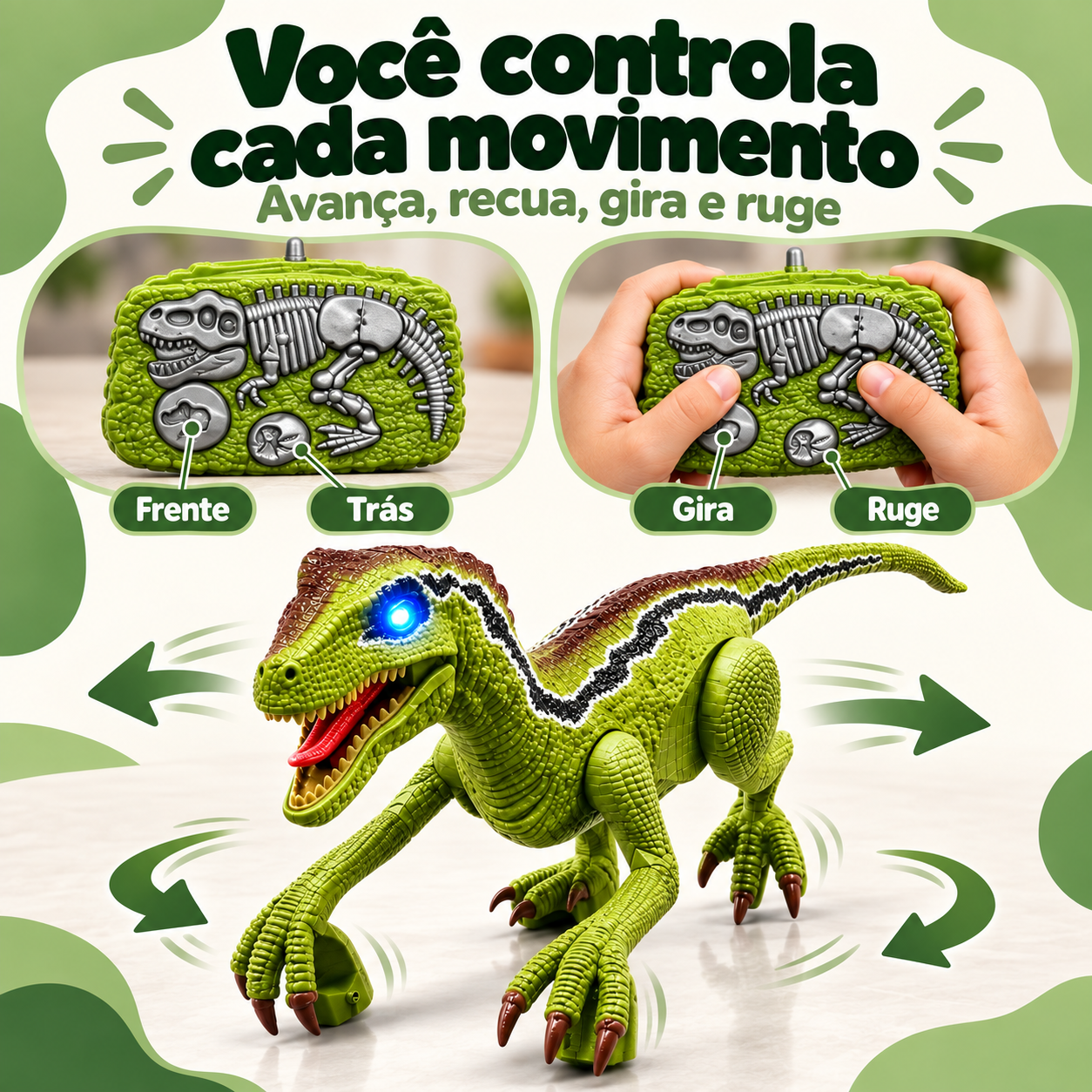 Controle remoto do velociraptor com movimentos para frente, trás, giro e rugido