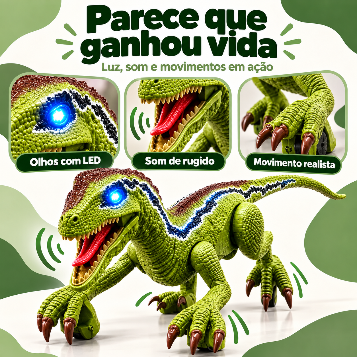 Detalhes do velociraptor com olhos LED, som de rugido e movimento