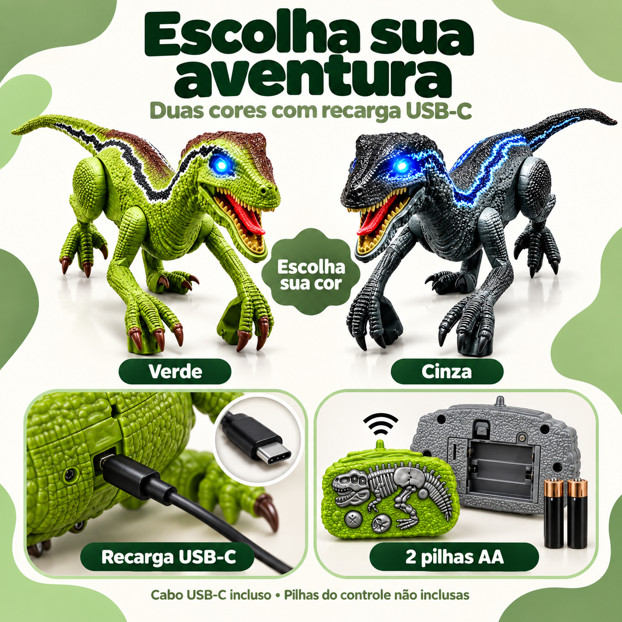 Opções verde e cinza do velociraptor recarregável por USB-C