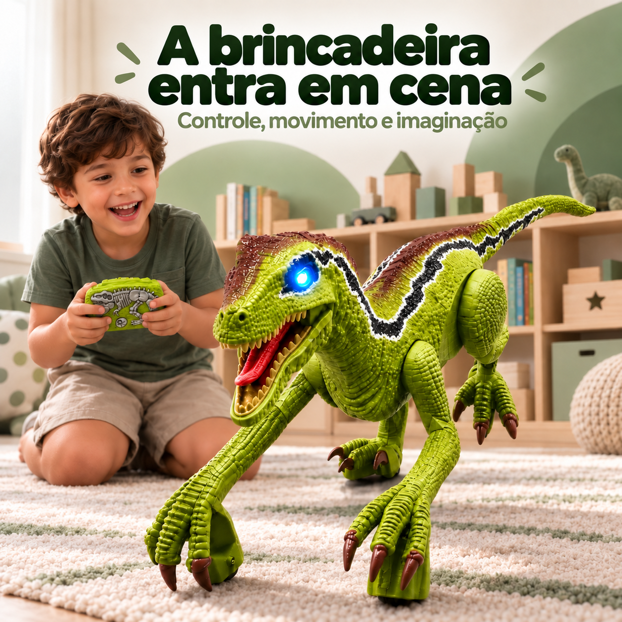 Criança brincando com o dinossauro velociraptor de controle remoto