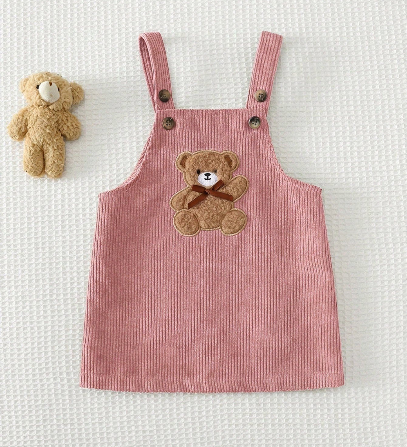 Vestido Avental Bebê Menina Aplique Urso Bordado Laço 001 Vestido Menina 06 Kabannas Rosa 3-6 Meses 