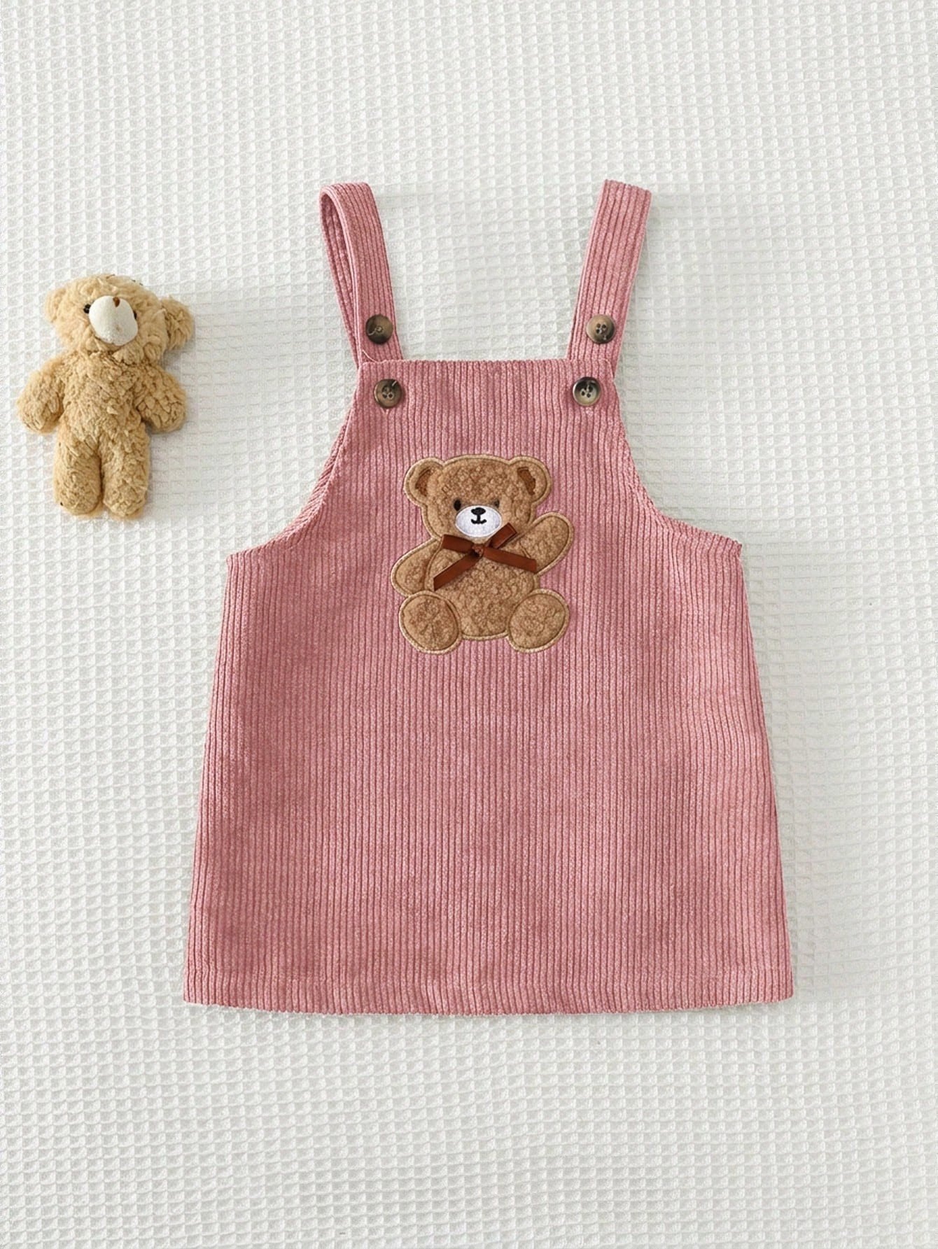 Vestido Avental Bebê Menina Aplique Urso Bordado Laço 001 Vestido Menina 06 Kabannas Rosa 3-6 Meses 