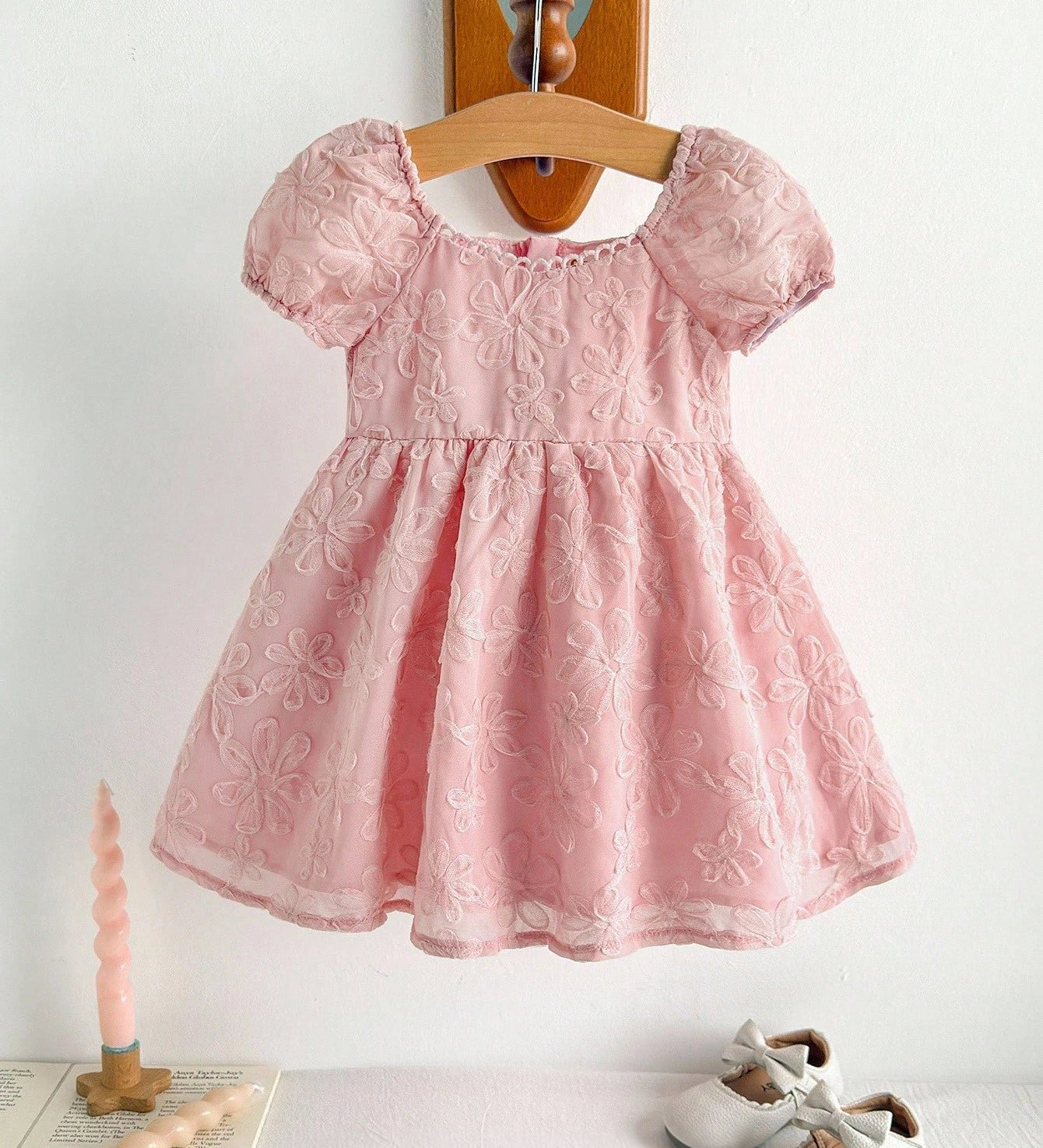 Vestido Bebê Manga Bufante Floral 3D Decote Quadrado 004 Vestido Menina 23 Kabannas Rosa 6-9 Meses 