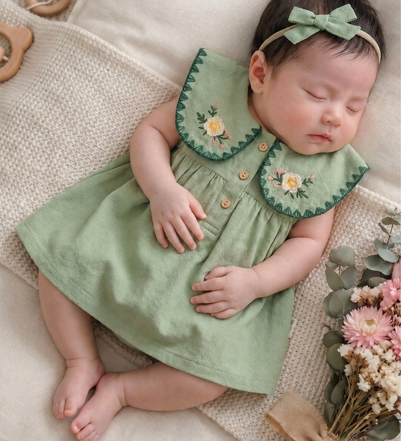 Vestido Bebê Menina em Algodão Gola Bordada Floral com Botões 003 Vestido Menina 17 Kabannas Verde Recém-nascido 