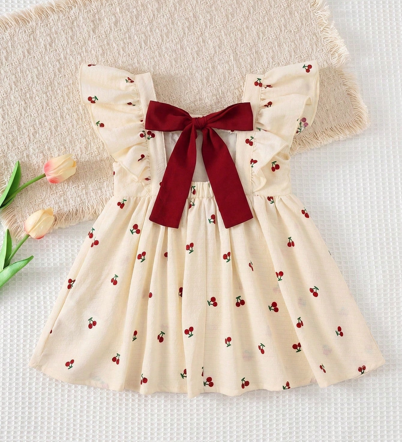 Vestido Bebê Menina Estampa Cereja com Laço Vermelho 003 Vestido Menina 13 Kabannas Bege 3-6 Meses 