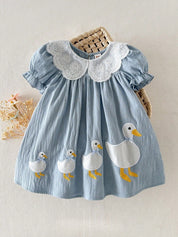 Vestido Bebê Menina Evasê Renda Aplique Pato 001 Vestido Menina 04 Kabannas Azul 3-6 Meses 