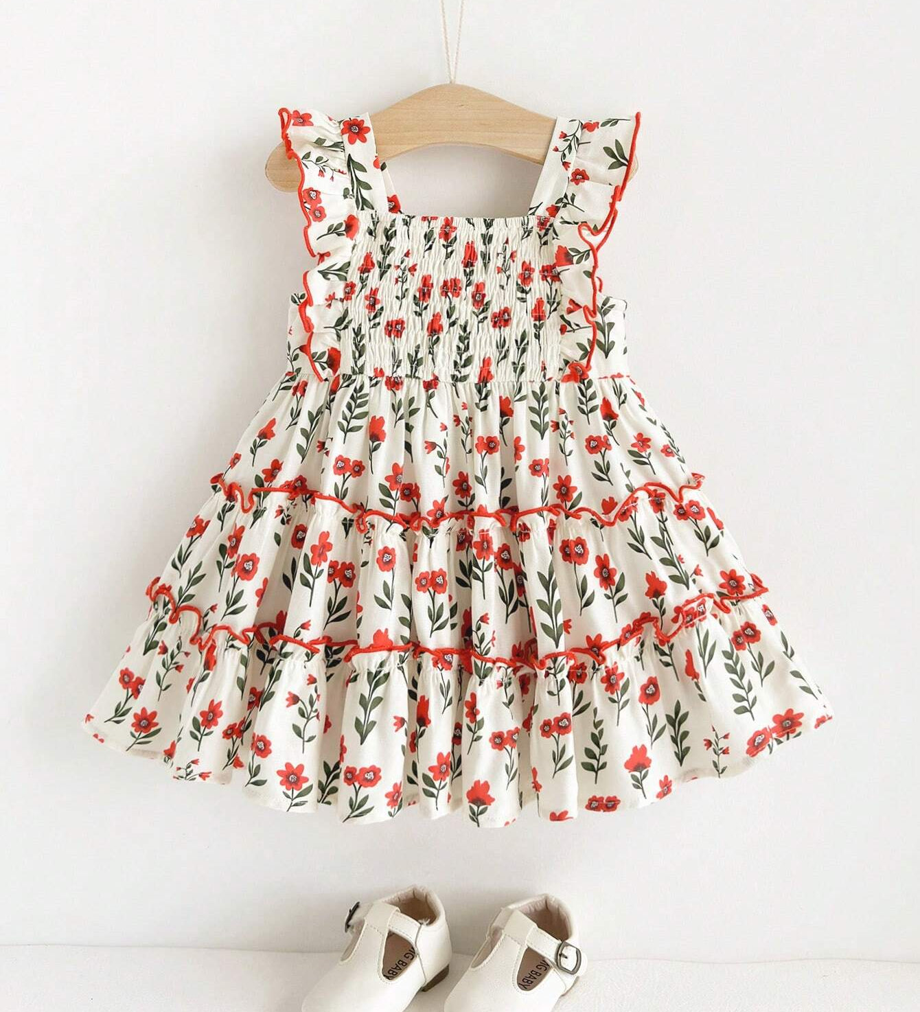 Vestido Bebê Menina Floral Babado em Camadas 004 Vestido Menina 29 Kabannas Branco e vermelho 6-9 Meses 