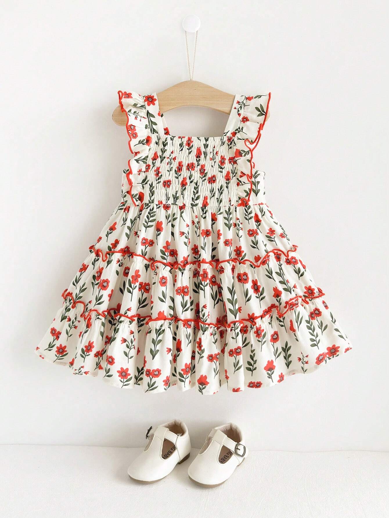 Vestido Bebê Menina Floral Babado em Camadas 004 Vestido Menina 29 Kabannas Branco e vermelho 6-9 Meses 