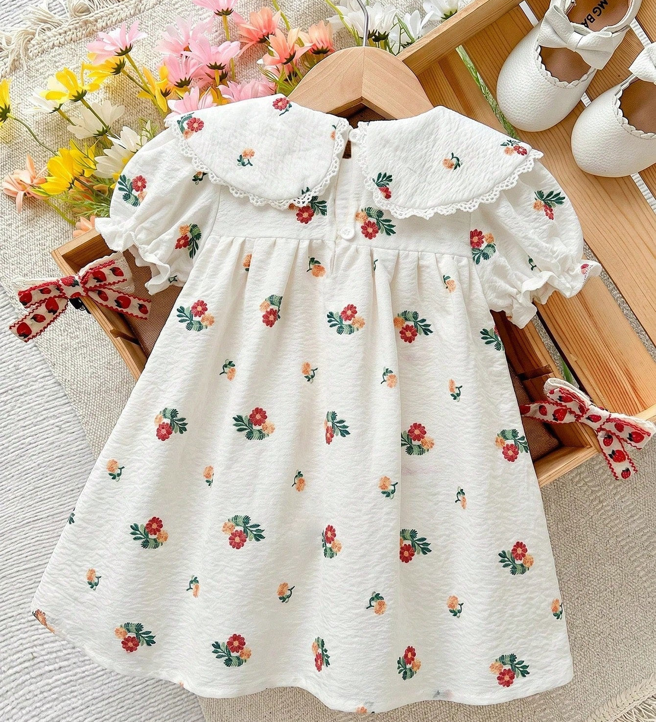 Vestido Bebê Menina Floral com Gola Peter Pan e Laço Vermelho 003 Vestido Menina 08 Kabannas 