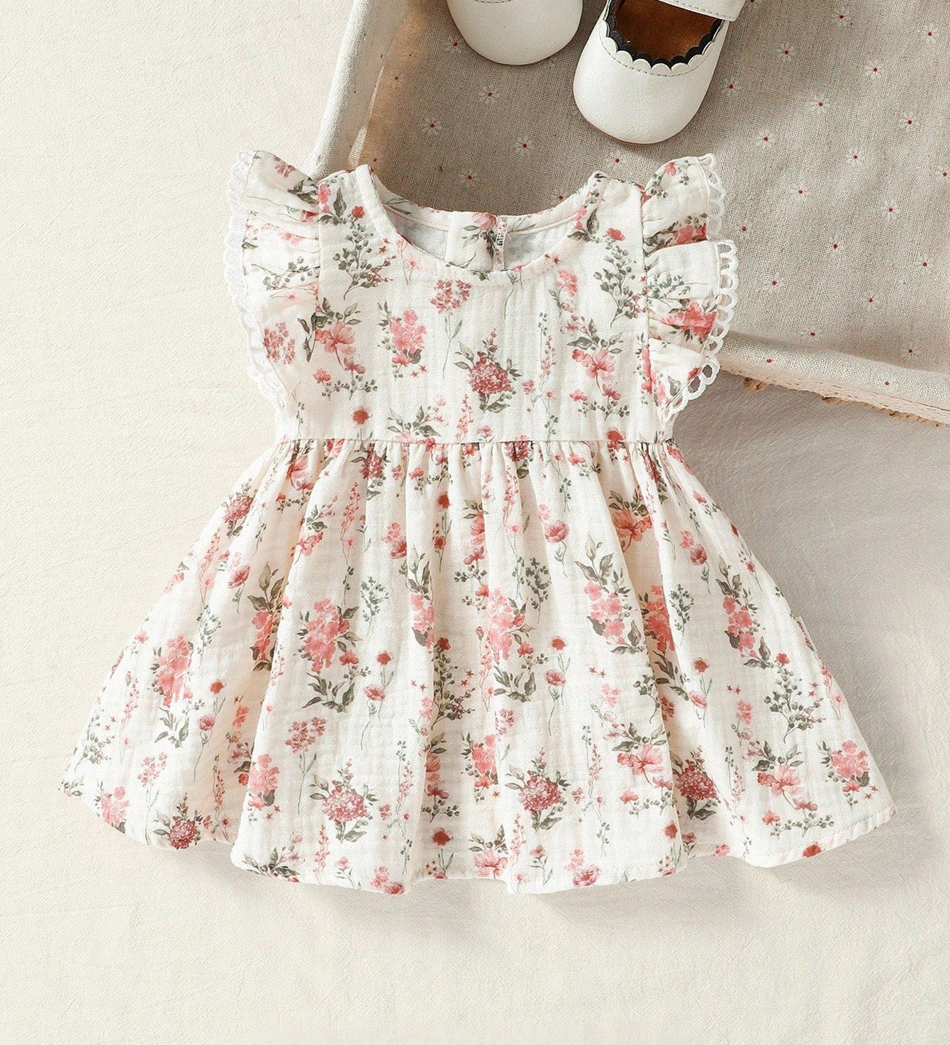 Vestido Bebê Menina Floral Manga Esvoaçante Linha A 004 Vestido Menina 28 Kabannas Branco e rosa 1-3 Meses 