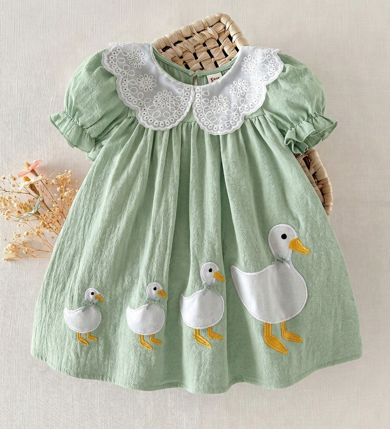 Vestido Bebê Menina Gola Peter Pan com Aplique de Patinhos 003 Vestido Menina 12 Kabannas Verde 6-9 Meses 