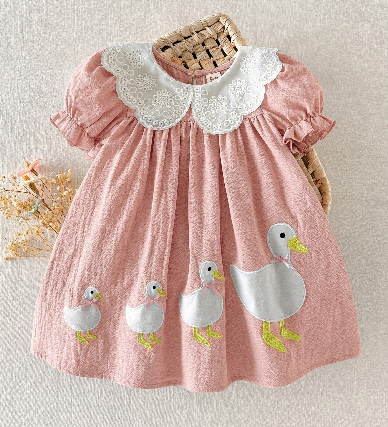 Vestido Bebê Menina Gola Peter Pan com Pato Aplicado 003 Vestido Menina 10 Kabannas Rosa 6-9 Meses 