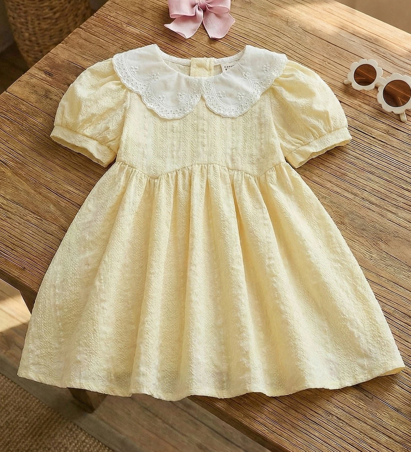 Vestido Bebê Menina Gola Peter Pan Manga Bufante 004 Vestido Menina 22 Kabannas Amarelo 6-9 Meses 
