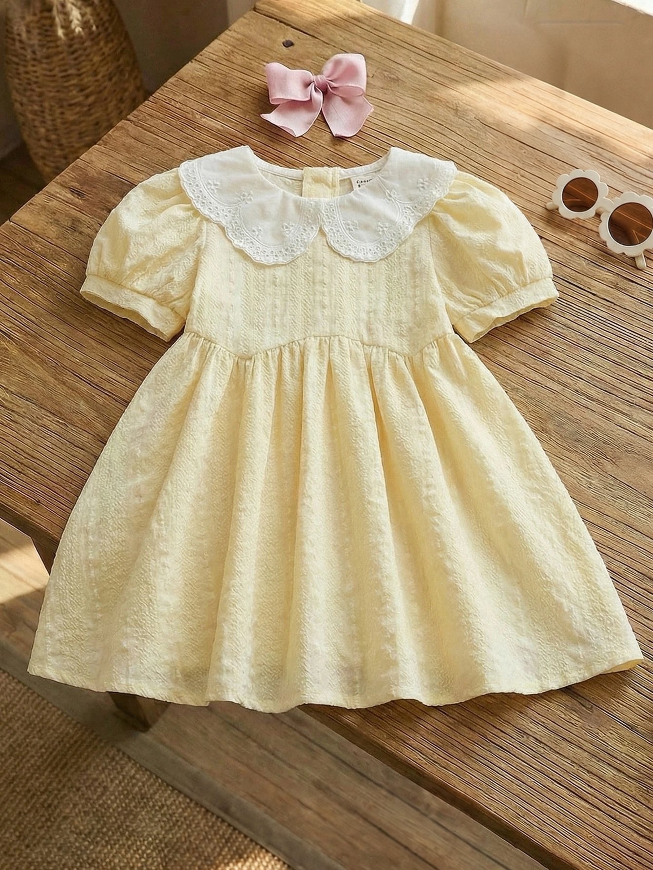 Vestido Bebê Menina Gola Peter Pan Manga Bufante 004 Vestido Menina 22 Kabannas Amarelo 6-9 Meses 